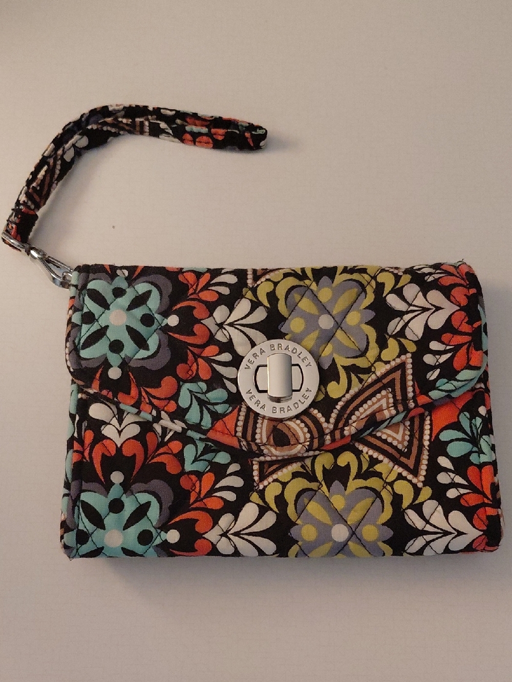 Vera Bradley Floral Quilted Wristlet in Black, Turquoise, Orange, Yellow